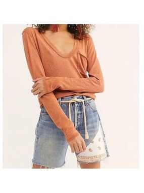 Free People We The Free Betty Long Sleeve Slub Pocket Tee Burnt Orange XS Boho